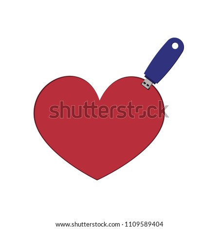 a flash USB drive is inserted into the heart on a white background. Red