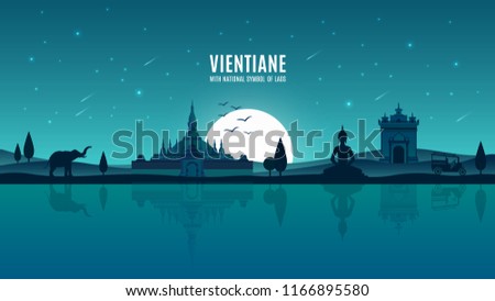 Vientiane moonlight background with national symbols of Laos, Southeast Asia landmark, Flat design Thatluang & Patuxay poster concept under fullmoon.