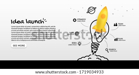 Rocket launching to space with light bulb infographic, business starp up concept