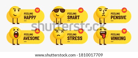 Set of mixed feeling emoji characters standing with text label