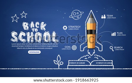 Realistic pencil rocket launching out from the book infographic, welcome back to school background
