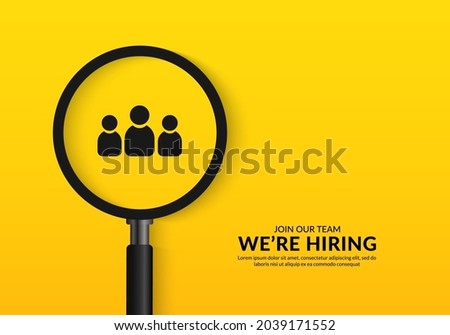 We are hring poster with realistic magnifying glass, Minimal job vacancy background for social media post Foto d'archivio © 