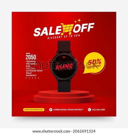 Smart watch sale off isolated on red podium for social media post, pedestal stage for product presentation background