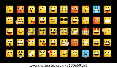Cute Emoticons in form of square faces vector set for social media post and reaction. Funny emoji with facial expressions. Vector illustration