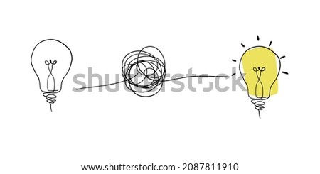 Very hard thinking of inspiration idea through a complicated way illustration. light bulb off to on with messy line symbol. tangled scribble line vector path doodle design.