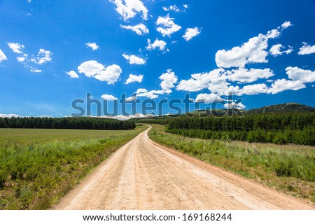 Dirt Road Blue Sky Mountains  Dirt road twisting through mountains with forest trees plantations alongside on a summers blue day