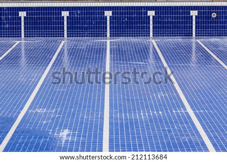 Swimming Pool Empty Swimming pool with blue and white swim lane tile markings empty of water for maintenance
