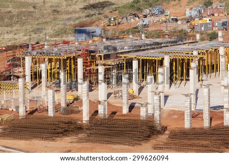 Building Construction Detail\
Building construction site first floor basement columns and floor supports structure steel materials