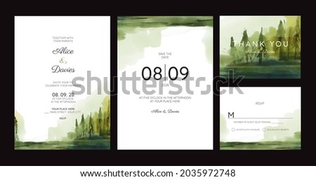 wedding invitation cards with pine forest landscape watercolor