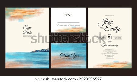 wedding invitation with beach and mountain view watercolor background