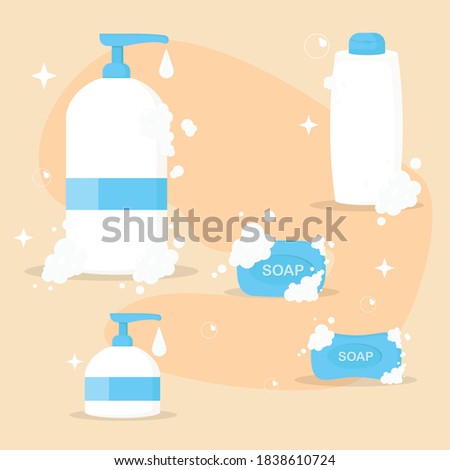 Set of different types of soap such a liquid soap dispensers, bar of soap with shampoo.