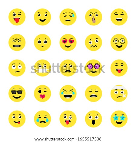 Set of yellow round emoticons. Set of emoji icons. Cartoon faces expressing different feelings. Vector illustration.