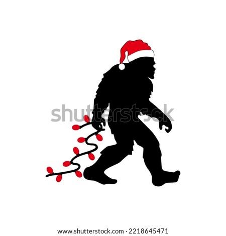 Yeti silhouette with Christmas Tree Lights. Big Foot Santa. Winter holidays party template for home decoration, T shirt print, laser cut, crafting. Vector illustration