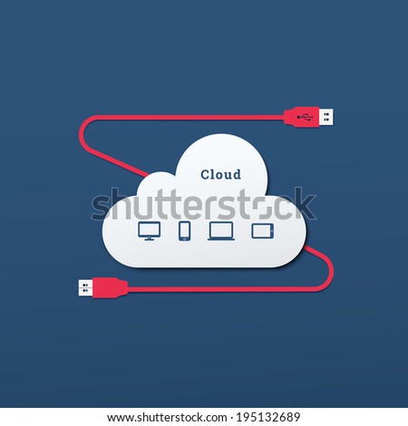 EPS10 flat UI usb cable and plug illustration with cloud computing icon set  for web design, banner, background - red, blue version