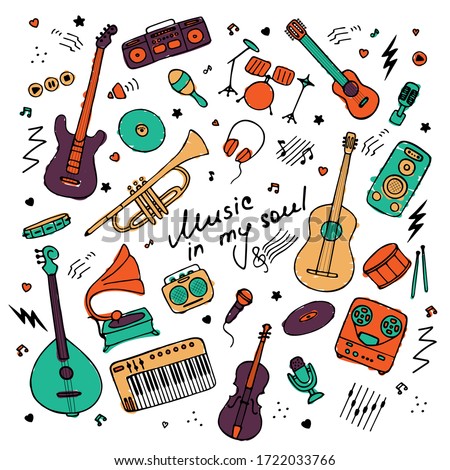 Music. Big set of icons for print and digital. Doodle elements of musical instruments. Hand written inscription Music in my soul. Vector