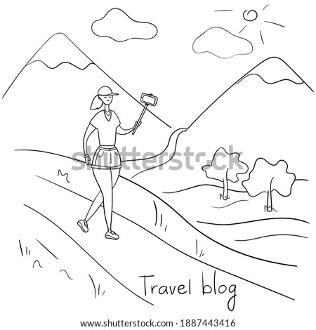 Travel blogger. Young woman records video. Girl takes off the vlog while traveling. YouTube star talks about life to her followers. Vector hand drawn illustration in cartoon style
