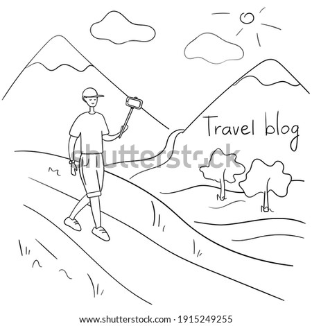 Travel blogger. Young man records video. Guy takes off the vlog while traveling. Social media star talks about life to his followers. Vector hand drawn illustration in cartoon style