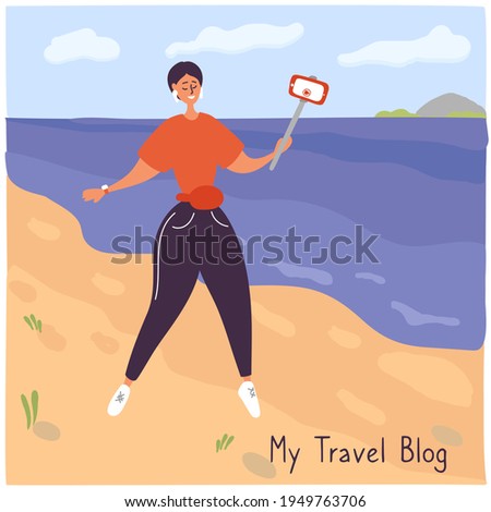Travel blogger walks along seaside. Young woman records video. Girl takes off the vlog while traveling. Influencer talks about life to her followers. Vector hand drawn illustration in cartoon style