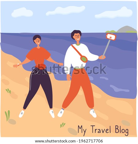 Travel bloggers walk along seaside. Young couple records video. Guy takes off the vlog while traveling. Influencers talk about life to their followers. Vector hand drawn illustration in cartoon style