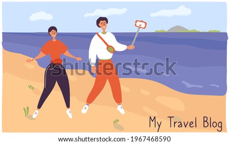 Travel bloggers walk along seaside. Young couple records video. Guy takes off the vlog while traveling. Influencers talk about life to their followers. Vector hand drawn illustration in cartoon style