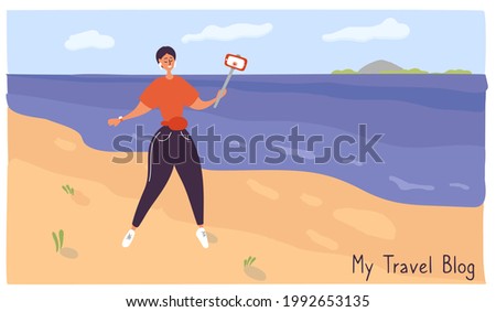 Travel blogger walks along seaside. Young woman records video. Girl takes off the vlog while traveling. Influencer talks about life to her followers. Vector hand drawn illustration in cartoon style