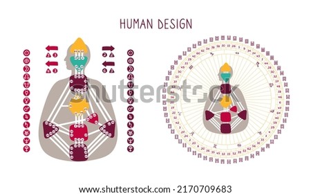 Human Design BodyGraph chart. Nine colored energy centers, planets, variables. Mandala. Hand drawn vector graphic