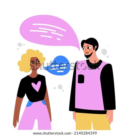 Man and woman talking. Vector Man and woman fashion couple in flat design and dialog speech bubbles for text