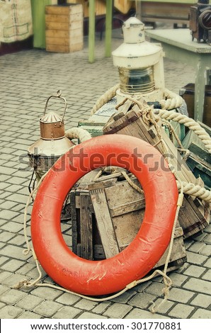 old retro objects antique sea ship lanterns, wooden crates and ropes, vintage image retro style effect filter