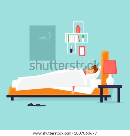 Man is sleeping in the bed. Flat vector illustration in cartoon style.