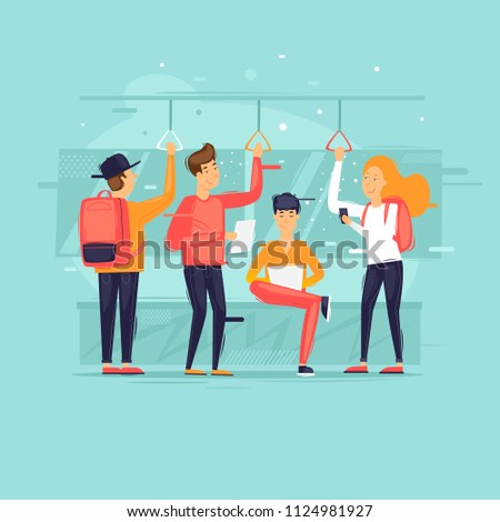 People go by public transport, metro, bus, train. Flat design vector illustration.