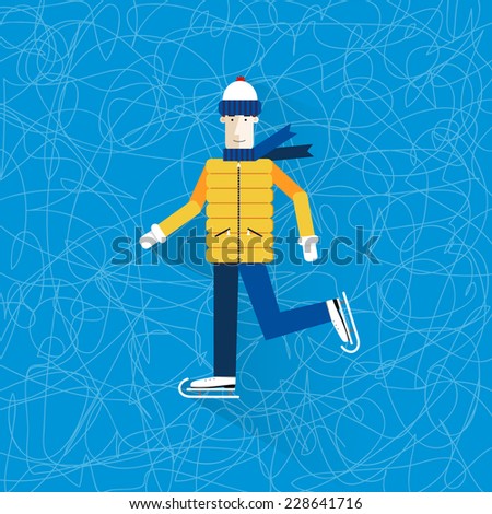 Figure ice skating. Winter sports. Smiling guy at the rink. Happy man runs on skates. Ice background. Man in winter clothes on a background of ice. Happy new year. Merry Christmas.