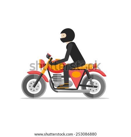 A man in a helmet riding a customized motorcycle. Biker on a motorcycle. Flat design vector illustration.