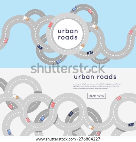 Busy urban asphalt roads and transport. 2 banners with place for text. Top view. Flat style vector illustration.