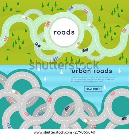 Busy urban asphalt roads and transport. 2 banners with place for text. Top view. Flat style vector illustration.
