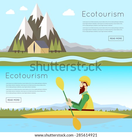 Man floating on the river in a kayaks, landscape with mountains and tent. Summer. Flat design vector illustration.