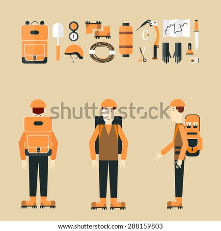 Mountaineer. Mountain climbing. Rock climber. Extreme sport. Icons set. Flat style vector illustration.