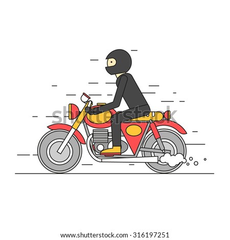 Thin line A man in a helmet riding a customized motorcycle. Biker on a motorcycle. Flat design vector illustration.