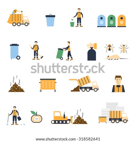 Garbage collection, trashcan, waste separation, garbage removal, the janitor set icons. Flat design vector illustration.