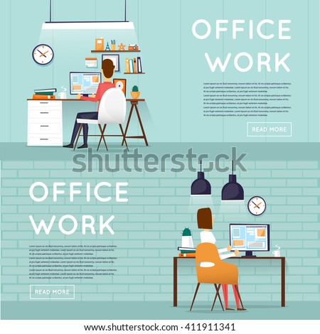 Man and woman sitting at the table and working on the computer. Business, office work, workplace. Flat design vector illustration.