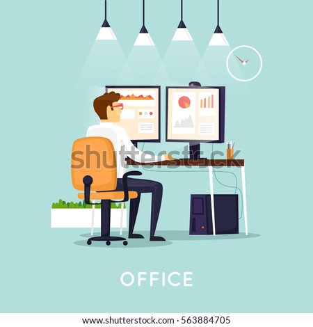 Young man working on the computer programmer, business analysis, design, strategy. Flat vector illustration in cartoon style. 