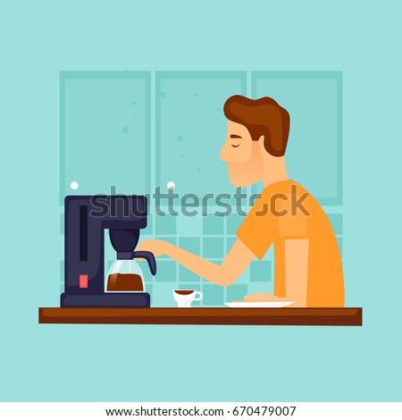 Guy makes coffee in the morning. Flat design vector illustration.