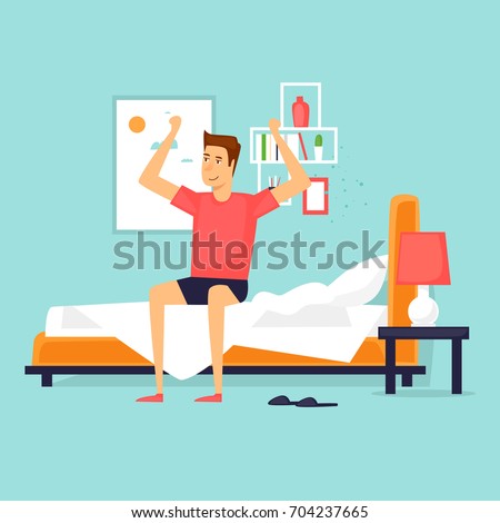 Man waking up in the morning stretching sitting on his bed after getting up. Flat design vector illustration.
