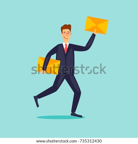 Businessman is carrying a letter. Flat design vector illustration.