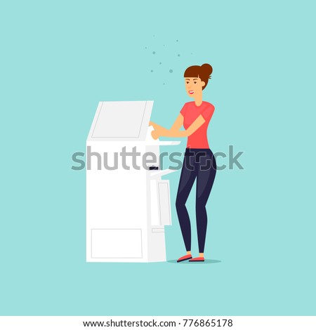 Girl with a printer scanner. Flat design vector illustration.