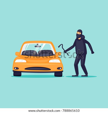 Thief steals cars, insurance. Flat design vector illustration.