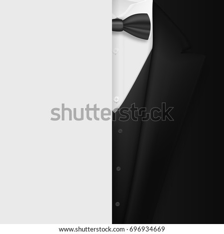 Illustration of Vector Black Suit with Bowtie. Realistic Mens Tuxedo Suit Succeed Businessman Concept