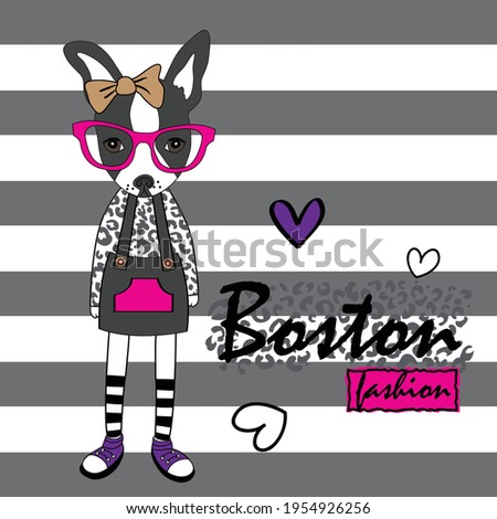 Boston terrier in glasses cartoon. Fashion Boston terrier puppy. Clothing for pets. Cartoon illustration in sketch style.