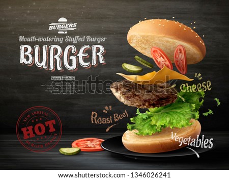 Hamburger ads design on blackboard background in 3d illustration