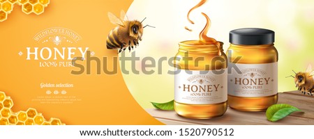 Pure honey banner ads with cute honey bee on bokeh background in 3d illustration