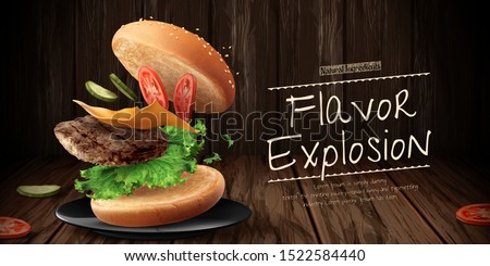 Delicious hamburger ads with flying ingredients on wooden background in 3d illustration